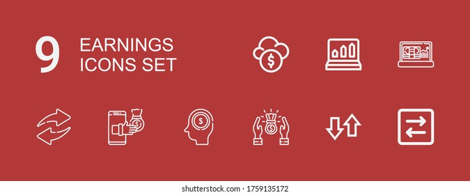 Editable 9 earnings icons for web and mobile. Set of earnings included icons line Transfer, Profit, Earnings, Profits, Funds on red background