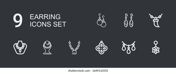 Editable 9 earring icons for web and mobile. Set of earring line icons including: Belly piercing, Necklace, Pendant, Earrings on dark background