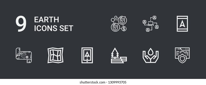 Editable 9 earth icons for web and mobile. Set of earth included icons line Website, Ecology, Earthquake, Navigation, Map, Gps, Network, Contact on dark background