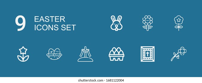 Editable 9 easter icons for web and mobile. Set of easter included icons line Flower, Bible, Eggs, Calvary, Nest, Rabbit on blue background