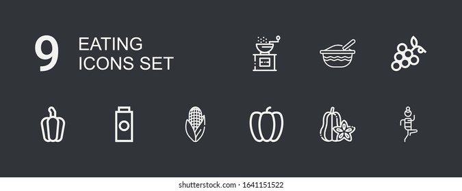 Editable 9 eating icons for web and mobile. Set of eating included icons line Fitness, Carambola, Pepper, Corn, Baby powder, Grapes, Baby food on dark background