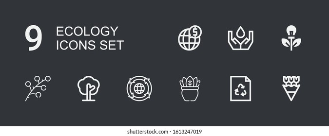 Editable 9 ecology icons for web and mobile. Set of ecology included icons line Flowers, Recycle, Plant, Recycling, Tree, Branch, Green energy, Ecology, Global on dark background