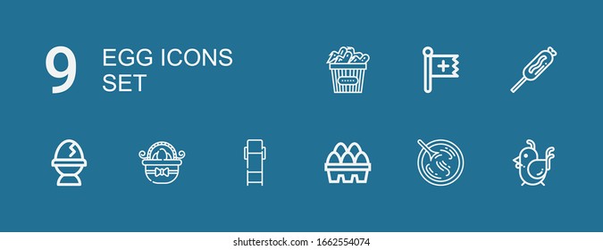 Editable 9 egg icons for web and mobile. Set of egg included icons line Chicken, Sour soup, Eggs, Lounge chair, Easter eggs, Egg, Food, Christian on blue background