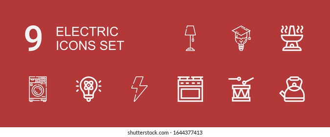 Editable 9 electric icons for web and mobile. Set of electric included icons line Kettle, Drum, Oven, Flash, Light, Washing machine, Bulb, Lamp post on red background