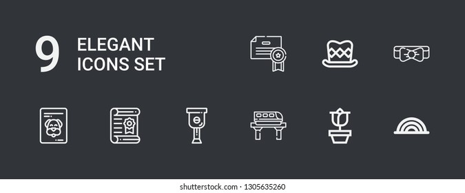 Editable 9 elegant icons for web and mobile. Set of elegant included icons line Rainbow, Rose, Train, Leg, Certificate, Bow tie, Top hat on dark background