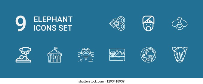 Editable 9 elephant icons for web and mobile. Set of elephant included icons line Rhino, Indian, Savannah, Hippopotamus, Circus, Firefly, Thai on blue background