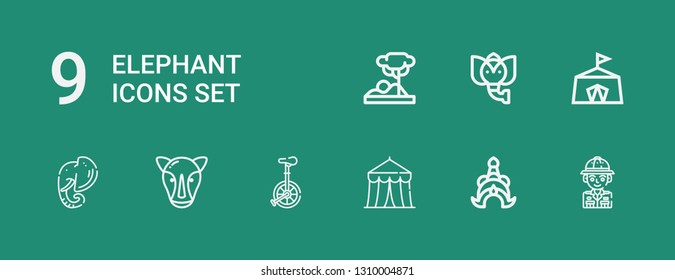 Editable 9 elephant icons for web and mobile. Set of elephant included icons line Safari, Thailand, Circus, Unicycle, Rhino, Elephant, Savannah on green background