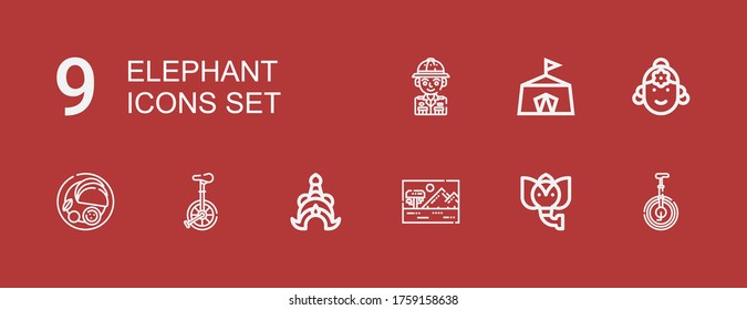 Editable 9 elephant icons for web and mobile. Set of elephant included icons line Unicycle, Elephant, Savannah, Thailand, Indian, Circus, Safari on red background