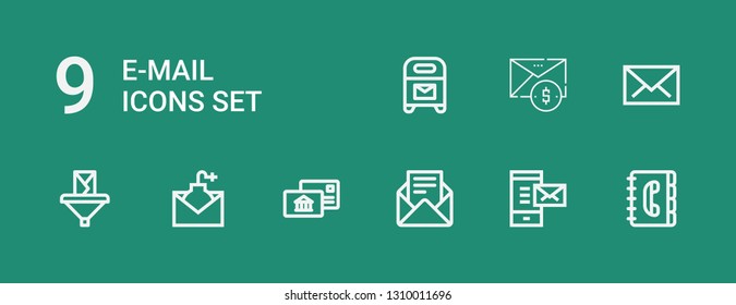 Editable 9 e-mail icons for web and mobile. Set of e-mail included icons line Contact book, Mail, Email, Postal, Mailbox on green background