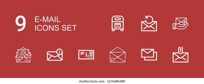 Editable 9 e-mail icons for web and mobile. Set of e-mail included icons line Mail, Mails, Email, Envelope, Mailbox on red background