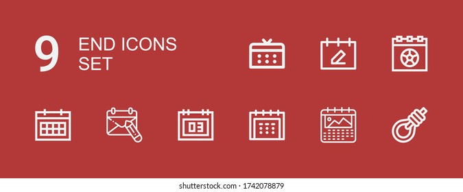 Editable 9 end icons for web and mobile. Set of end included icons line Gallows, Calendar on red background