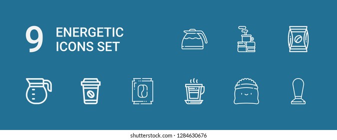 Editable 9 energetic icons for web and mobile. Set of energetic included icons line Coffee, Coffee pot on blue background