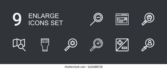 Editable 9 enlarge icons for web and mobile. Set of enlarge included icons line Search, Zoom, Glass, Magnifying glass, Zoom out on dark background