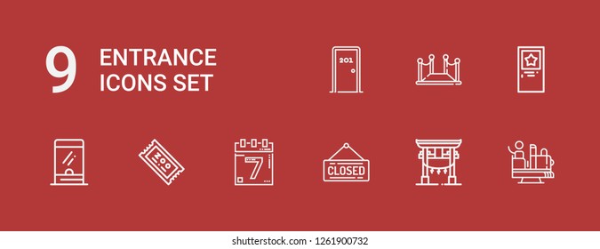 Editable 9 entrance icons for web and mobile. Set of entrance included icons line Attraction, Torii, Closed, Events, Ticket, Ticket window, Door, Red carpet on red background