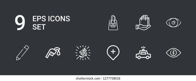 Editable 9 eps icons for web and mobile. Set of eps included icons line Eye, Police car, Gps, Om, Gas station, Edit button, Shopping bag on dark background