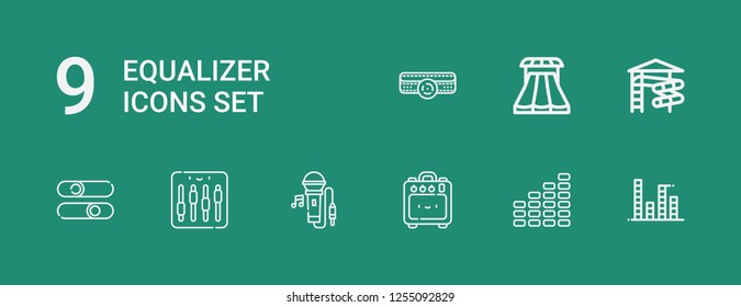 Editable 9 equalizer icons for web and mobile. Set of equalizer included icons line Equalizer, Amplifier, Singing, Sliders, Slider on green background