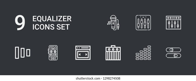 Editable 9 equalizer icons for web and mobile. Set of equalizer included icons line Sliders, Equalizer, Amplifier, Slider, Voice recorder, Fade buttons, Singing on dark background