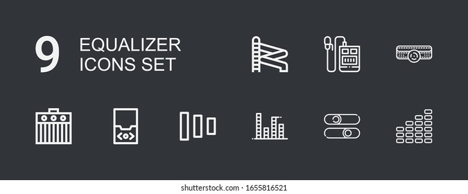 Editable 9 equalizer icons for web and mobile. Set of equalizer included icons line Equalizer, Sliders, Fade buttons, Audio player, Amplifier, Voice recorder on dark background