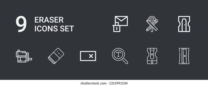 Editable 9 eraser icons for web and mobile. Set of eraser included icons line Sharpener, Font, Erase, Eraser, Stationary on dark background