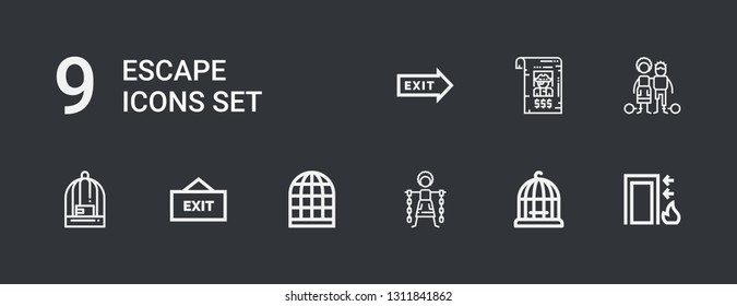 Editable 9 escape icons for web and mobile. Set of escape included icons line Exit, Bird cage, Slavery, Bandit on dark background
