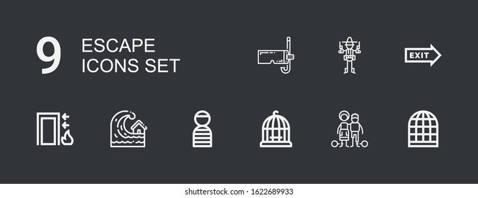 Editable 9 escape icons for web and mobile. Set of escape included icons line Bird cage, Slavery, Prisioner, Tsunami, Exit, Bandit, Diving mask on dark background