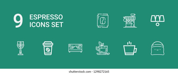 Editable 9 espresso icons for web and mobile. Set of espresso included icons line Coffee, Tea, Coffee machine, Cup, Cups, Coffee shop on green background