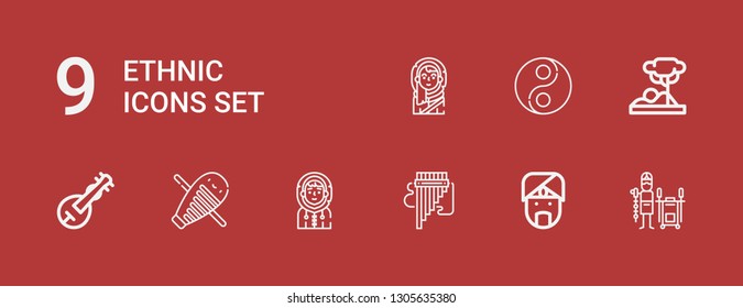 Editable 9 ethnic icons for web and mobile. Set of ethnic included icons line Tandoor, Indian, Panpipe, Eskimo, Guiro, Veena, Savannah, Yin yang on red background