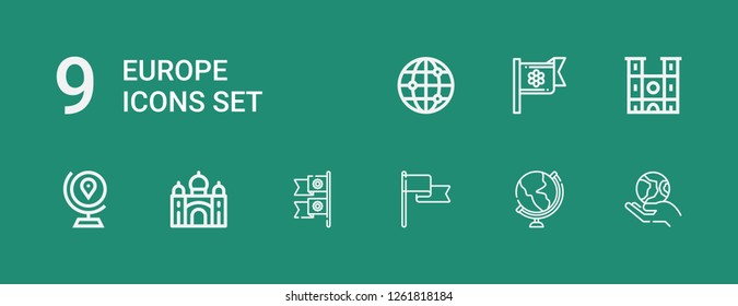 Editable 9 europe icons for web and mobile. Set of europe included icons line Earth, Globe, Flag, Flags, Taj mahal, Notre dame, Global on green background