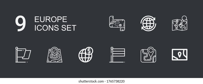 Iconos editables de 9 europa para web y móvil. El conjunto de europa incluye íconos de línea Map, Holland, Global, Flag, World on dark Background