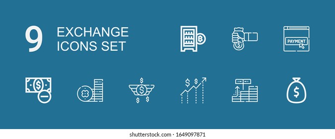 Editable 9 exchange icons for web and mobile. Set of exchange included icons line Money, Investment, Coin, Payment method, Cash, Digital currency on blue background
