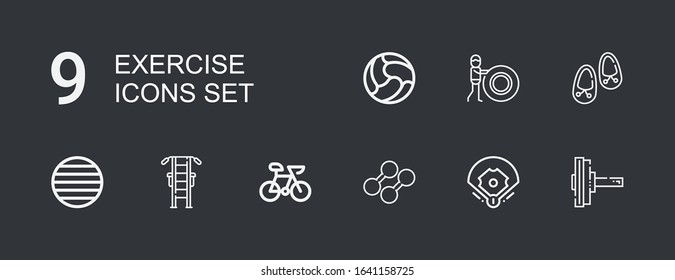 Editable 9 exercise icons for web and mobile. Set of exercise included icons line Dumbbell, Baseball field, Bike, Gym station, Ball, Shoes, Fitness on dark background