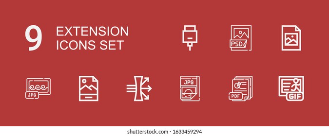 Editable 9 extension icons for web and mobile. Set of extension included icons line Gif, Pdf, Jpg, Dispersion, Jpeg, Psd file, Hdmi on red background