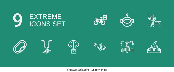 Editable 9 extreme icons for web and mobile. Set of extreme included icons line Surfboard, Bicycle, Bmx, Parachute, Carabiner, Paintball, Aqualung on green background
