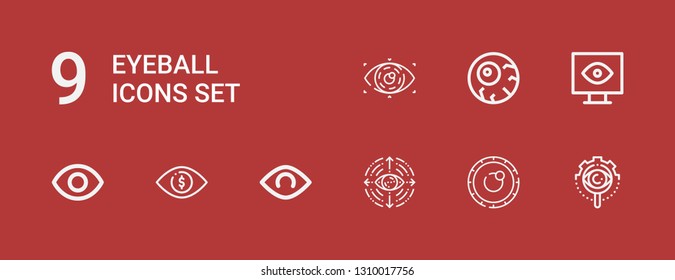 Editable 9 eyeball icons for web and mobile. Set of eyeball included icons line View, Lens, Eye, Eyeball on red background