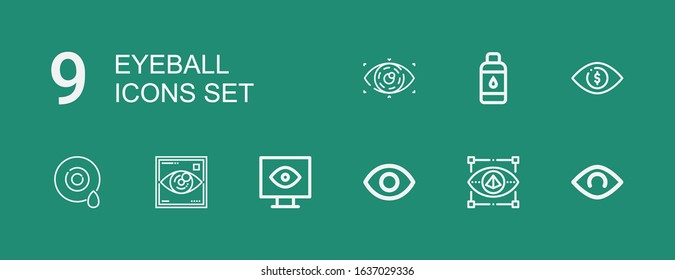 Editable 9 eyeball icons for web and mobile. Set of eyeball included icons line View, Visual, Eye, Visibility, Contact lens on green background