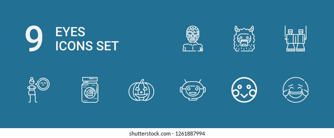 Editable 9 eyes icons for web and mobile. Set of eyes included icons line Laughing, Shy, Robot mask, Pumpkin, Eye jar, Cynicism, Binoculars, Monster, Wrestler on blue background