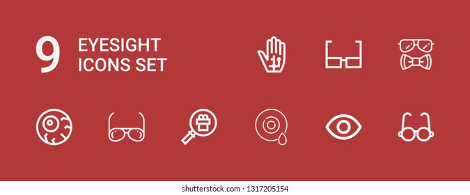 Editable 9 eyesight icons for web and mobile. Set of eyesight included icons line Glasses, Eye, Magnifying glass, Sunglasses, Eyeball, Radiography on red background