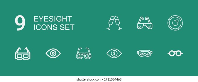 Editable 9 eyesight icons for web and mobile. Set of eyesight included icons line Sunglasses, Glasses, Eye, View, d glasses, Lens on green background