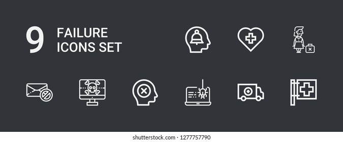Editable 9 failure icons for web and mobile. Set of failure included icons line Red cross, Spyware, Failure, Failed message, Dismissed, Alert on dark background