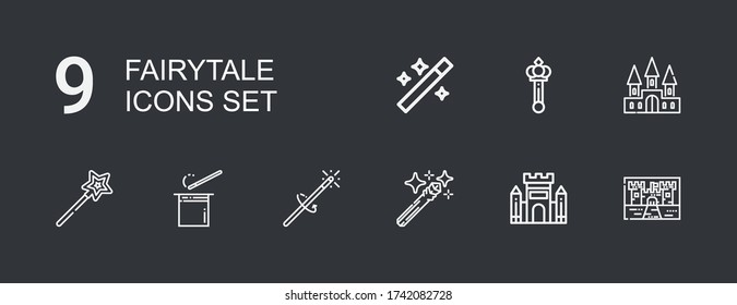 Editable 9 fairytale icons for web and mobile. Set of fairytale included icons line Castle, Magic wand, Wand, Scepter on dark background