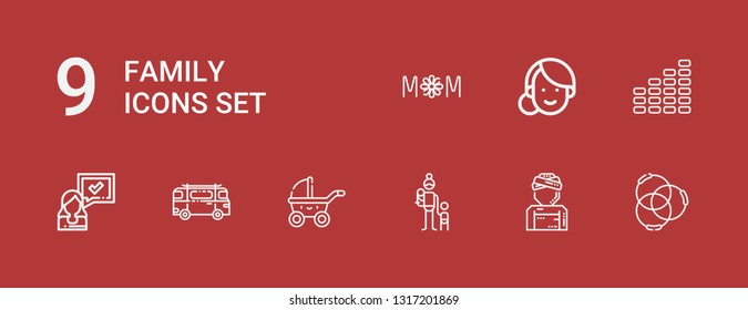 Editable 9 family icons for web and mobile. Set of family included icons line Ponytail, Woman, Mother, Stroller, Minibus, Equalizer, Mom on red background