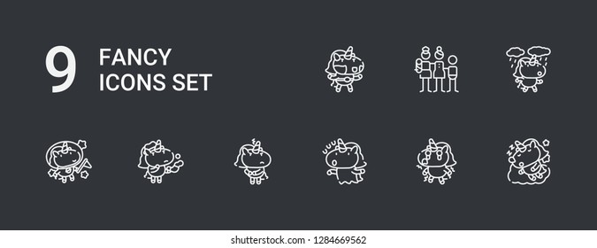 Editable 9 fancy icons for web and mobile. Set of fancy included icons line Unicorn, Family on dark background