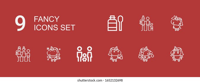Editable 9 fancy icons for web and mobile. Set of fancy included icons line Unicorn, Family, Syrup on red background