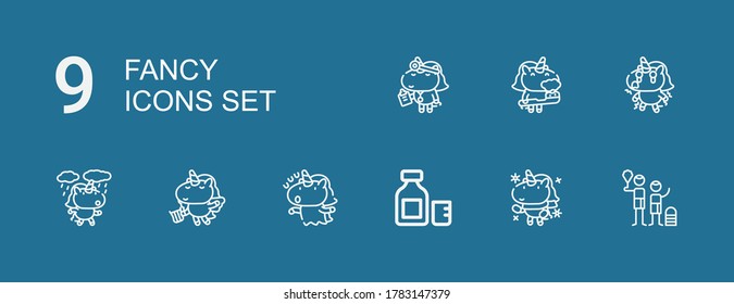 Editable 9 fancy icons for web and mobile. Set of fancy included icons line Family, Unicorn, Syrup on blue background