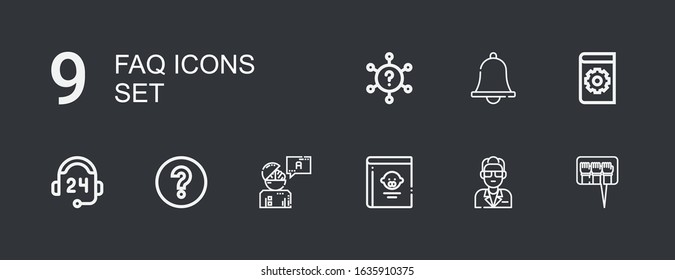 Editable 9 faq icons for web and mobile. Set of faq included icons line Question, Guide, Guide book, Answer, Question mark, Support, Manual, Notification on dark background