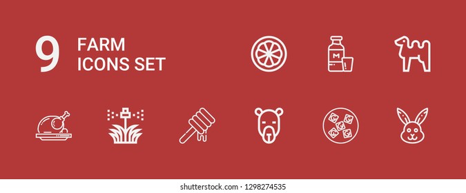 Editable 9 farm icons for web and mobile. Set of farm included icons line Rabbit, Vegan food, Camel, Honey, Sprinkler, Roast chicken, Milk, Orange on red background