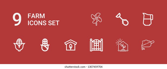 Editable 9 farm icons for web and mobile. Set of farm included icons line Soil, Greenhouse, Fence, Corn, Jug, Shovel, Windmill on red background