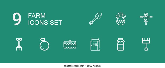 Editable 9 farm icons for web and mobile. Set of farm included icons line Rake, Milk, Egg, Orange, Scarecrow, Jug, Shovel on green background