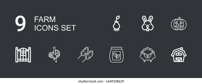 Editable 9 farm icons for web and mobile. Set of farm included icons line Barn, Sheep, Seed bag, Chicken, Butcher, Fence, Pumpkin, Rabbit, Root on dark background