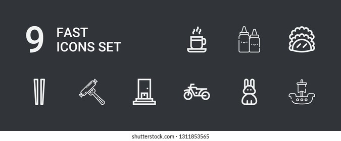 Editable 9 fast icons for web and mobile. Set of fast included icons line Ship, Rabbit, Motorbike, Delivery, Sausage, Chopsticks, Taco, Ketchup, Coffee cup on dark background